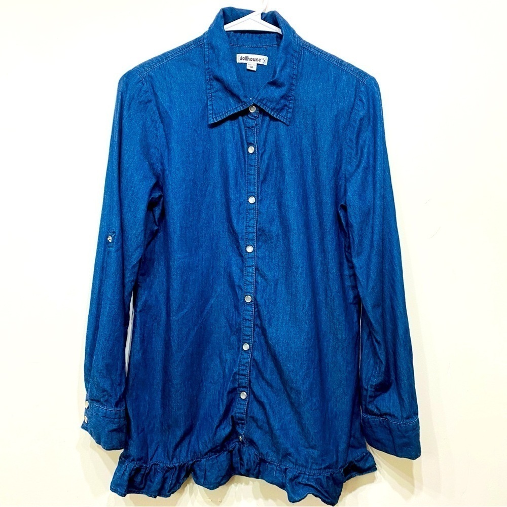 Dollhouse Womens Pearl Snap Denim Chambray Shirt Medium